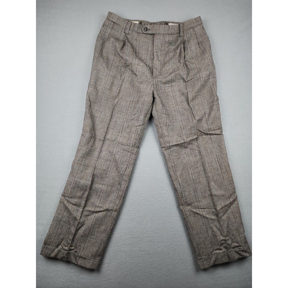 Vintage Sansabelt Dress Pants Mens 32x29 Gray Wool Pleated Tweed Plaid Classic